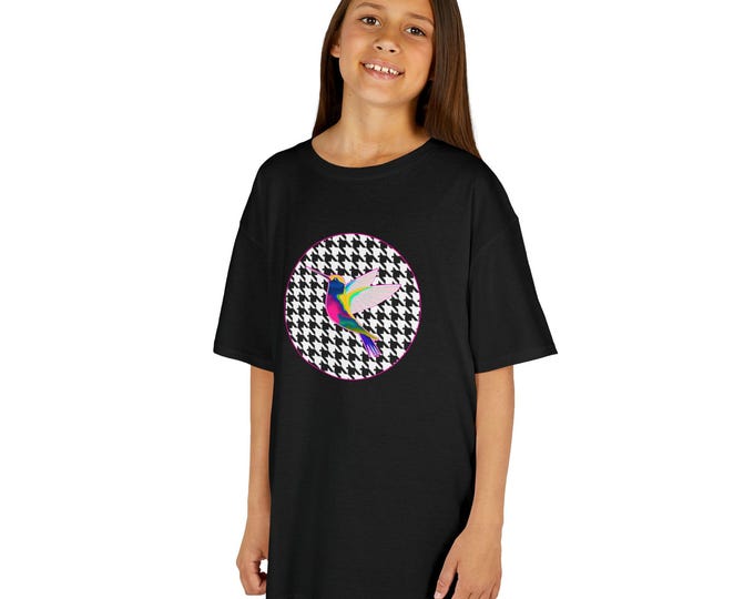 Hummingbird & Houndstooth Kids T-Shirt | Colorful Youth Tee | Fun Summer Birthday Gift | Casual Play Shirt | Trendy Kids Apparel