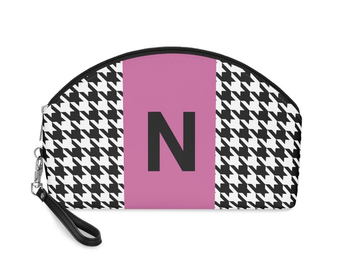 Houndstooth Makeup Bag: Personalized Initial N, Removable Leather Strap