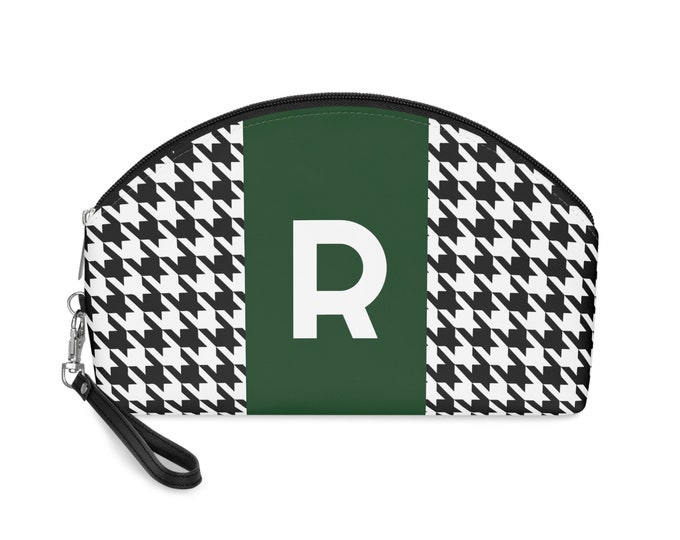 Forrest Green, Black, and White Houndstooth patterned Makeup Bag, Personalized with Initial R, Her Makeup bag, Initialized