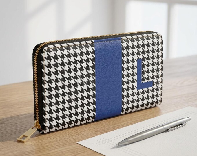 Houndstooth Black and White with Blue L Initialized Detail Womens Zippered Wallet