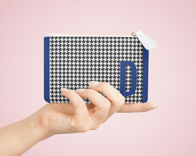 Houndstooth Blue Detail Initialized, D Initial, Personalized Mini Clutch Bag, Womens Zippered Card Holder