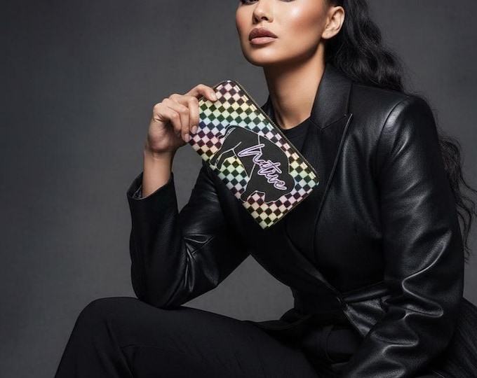 Native Buffalo Innii silhouette  Zipper Wallet | Rainbow Checker Pattern