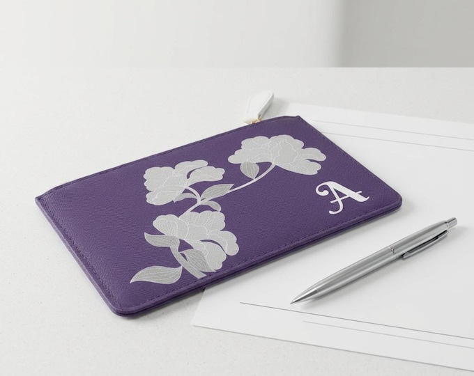 Purple Womens Floral Small Wallet, Personalized with your Initial, Zippered Cardholder