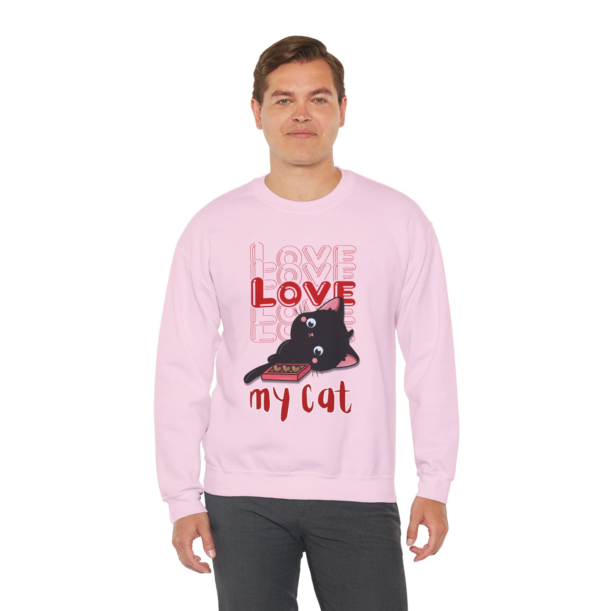 Pink Love My Cat Valentine Sweater, Unisex Heavy Blend™ Crewneck