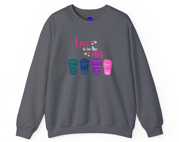 Valentines Sweater, Love is in the Air, Coffee Love, Unisex Heavy Blend™ Crewneck, Pink or Gray