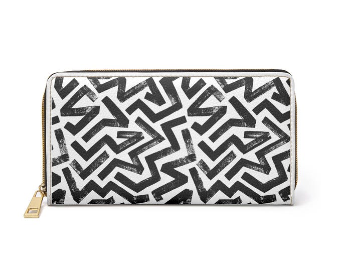 Black and White Geometric Star Pattern Zipper Wallet | Abstract Monochrome Design