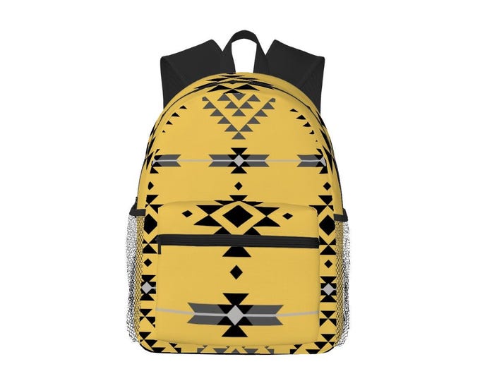 Mustard Yellow Oxford Backpack – Tribal Pattern, Large Capacity Laptop Bag, Travel, School & Work Backpack with Pockets