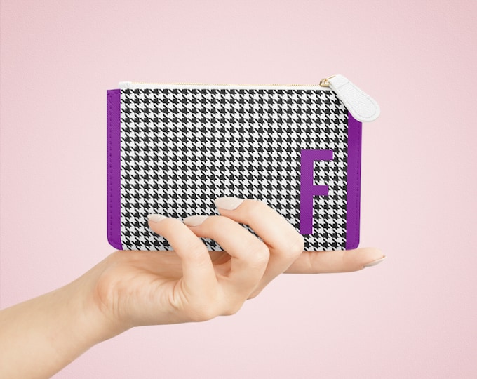 Houndstooth Purple Detail Initialized, F Initial, Personalized Mini Clutch Bag, Womens Zippered Card Holder