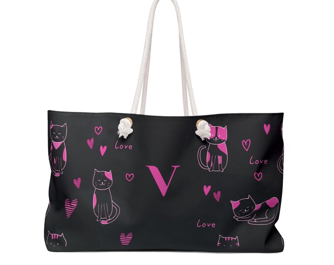 Pink Love Cats Black Tote, Personalized Bag, Women's Purse, Initial V, Weekender Bag