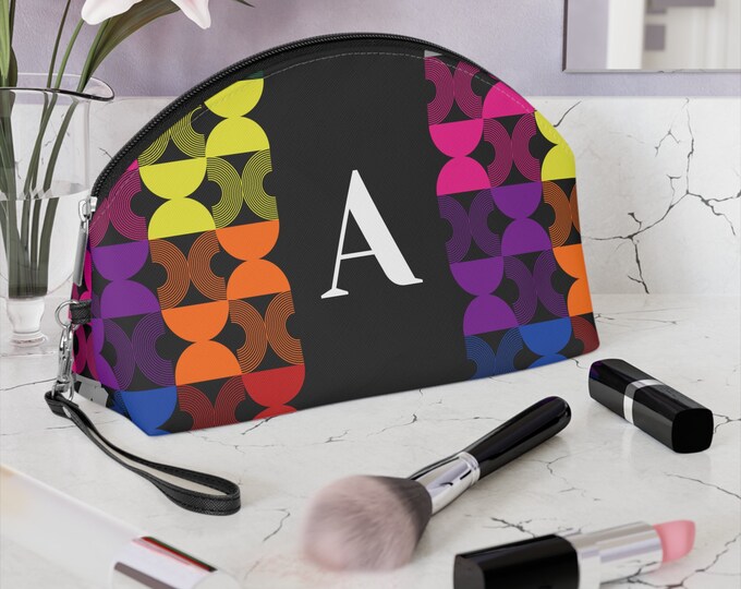 Personalized Womens Makeup Bag, Rainbow Mid Century Modern, Black with Initial Q, Zippered Cosmetic Bag