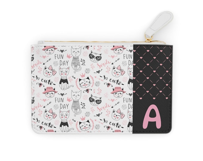 Cute Cat Mini Clutch and Cardholder | Personalized Pink, Black & White Zipper Bag | Vegan Leather Wallet | Custom Initial Gift for Her