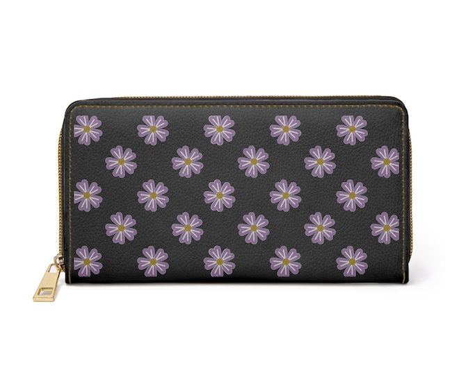 Lavender Daisy Pattern Zipper Wallet | Black Floral Zip Wallet