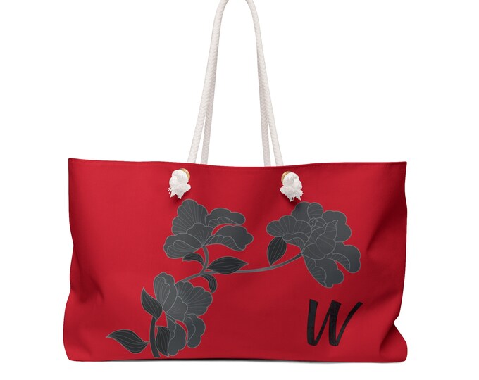 Red and Black Womens Floral Tote, Personalized with your Initial, Bag, Initial W, Weekender Bag