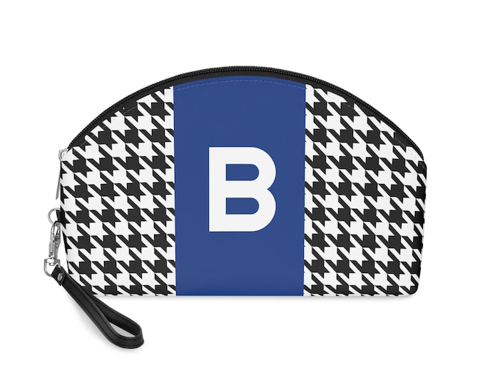 Blue, Black, and White Houndstooth pattern Makeup Bag, Personalized with Initial B, Initialized Makeup Bag, Personalized Makeup Bag