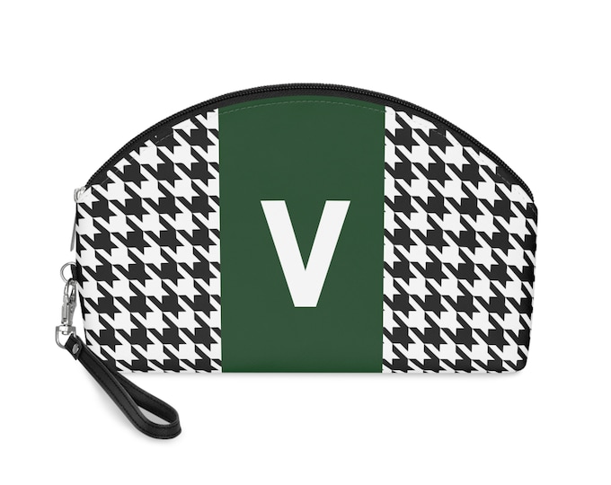 Forrest Green, Black, and White Houndstooth patterned Makeup Bag, Personalized with Initial V, Her Makeup bag, Initialized