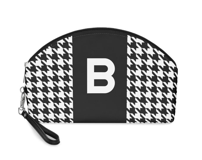 Black, and White Houndstooth patterned Makeup Bag, Personalized with Initial B