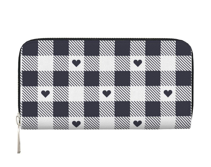 Gingham Hearts Pattern Black White Long Zipper Wallet