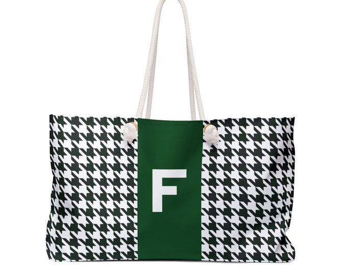 Houndstooth Black, White and Forrest Green, with Black F Initialized Detail Womens Weekender Tote Bag, Personalized