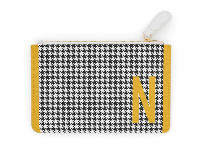 Houndstooth Marigold Detail Initialized, N Initial, Personalized Mini Clutch Bag, Womens Zippered Card Holder