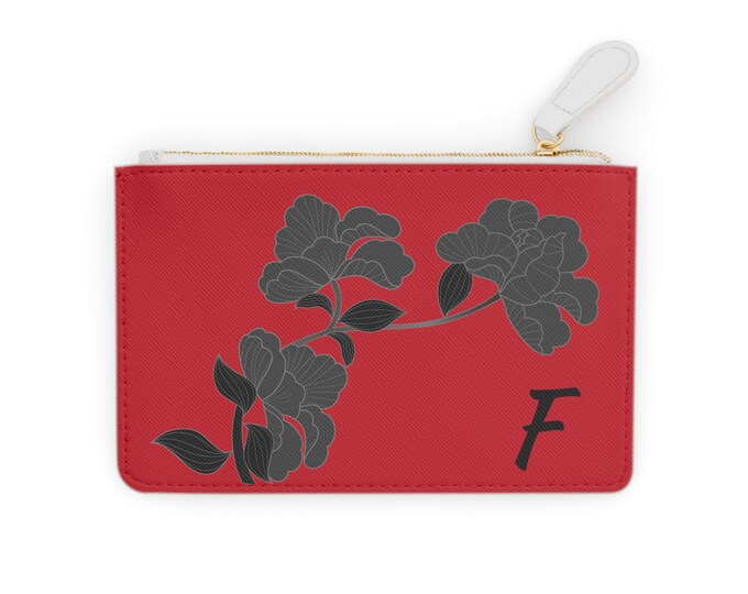 Red and Black Womens Floral Small Wallet, Personalized with your Initial, Zippered Cardholder, Initial F, Mini Clutch Bag
