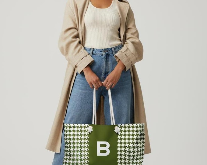 Warrior Olive Houndstooth Weekender Tote, Personalized A-Z Initial Bag, Sustainable Oversized Travel Purse for Her
