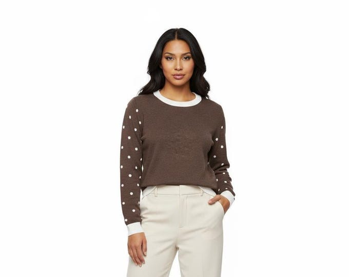 White Polka Dots with Brown Knitted crew neck sweater
