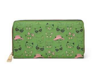 Portafoglio con cerniera e motivo a facce di gatto carino / Portafoglio con stampa di gatto verde