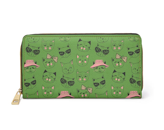 Cute Cat Faces Pattern Zipper Wallet | Green Cat Print Wallet