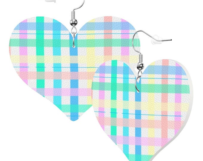 Whtie Polka Dot Pastel Plaid Heart Shape Leather Earrings