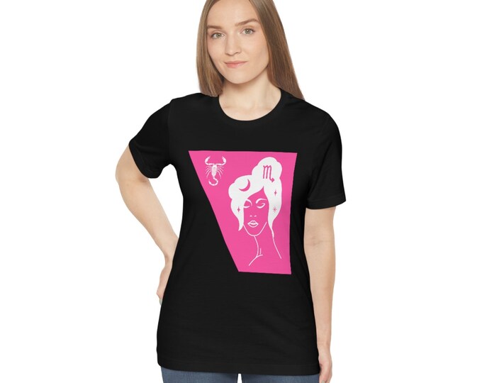 Black Tee, Pink Scorpio Astrological Sign Unisex Jersey Short Sleeve Tee