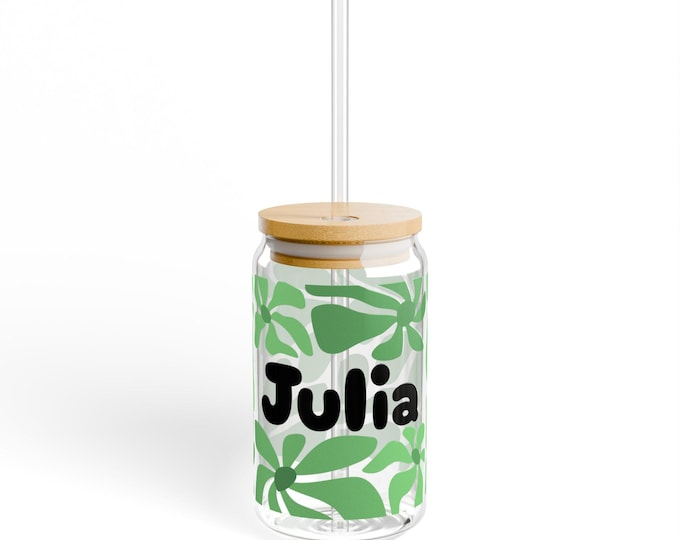 Personalized Name Sipper Glass | 16oz Green Leaf Tumbler