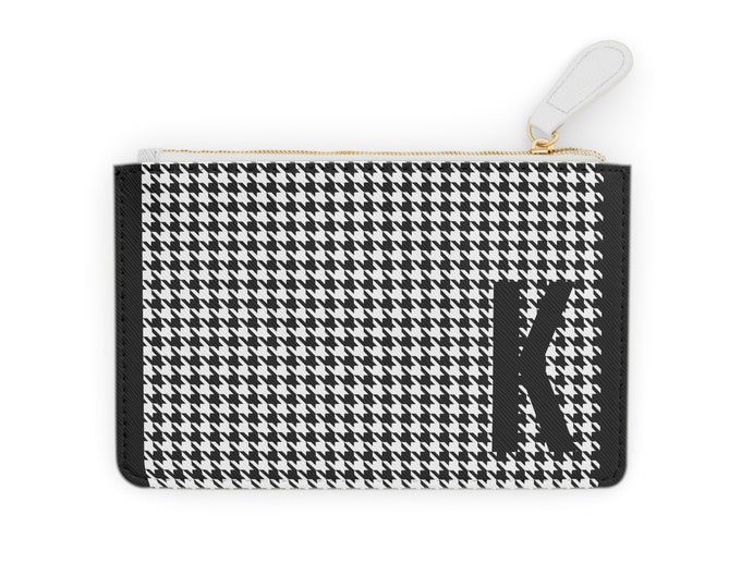 Houndstooth Black Mini Clutch – Personalized with Initial K | Vegan Leather Zippered Card Holder | Gift for Her | Stylish Mini Wallet
