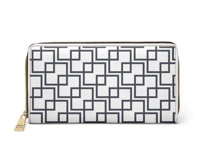 Geometric Interlocking Squares Zipper Wallet | Modern Black White Pattern