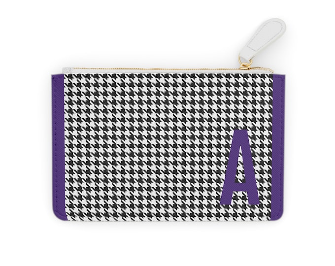 Houndstooth Purple Detail Initialized, A Initial, Personalized Mini Clutch Bag, Womens Zippered Card Holder