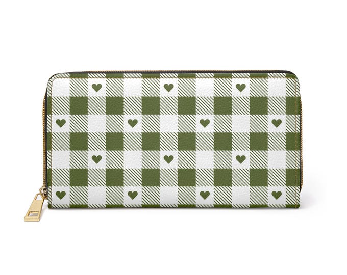 Warrior Olive Green Plaid Hearts Zipper Wallet | Plaid Heart Pattern Wallet