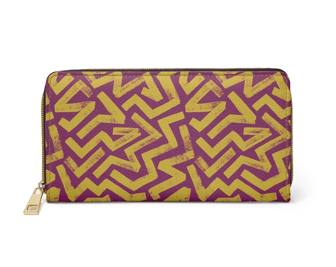Abstract Geometric Pattern Zipper Wallet | Mustard Yellow Dark Magenta