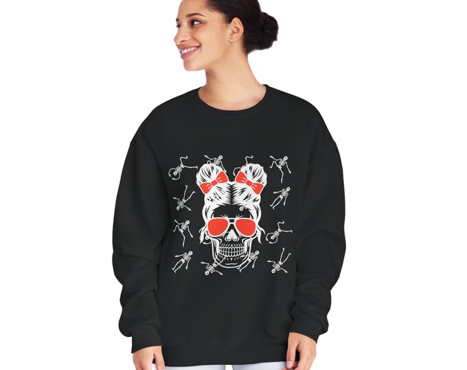 Messy Bun White Skeleton Black Sweater, Unisex NuBlend® Crewneck Sweatshirt, Halloween Sweater, Womens Halloween Sweater
