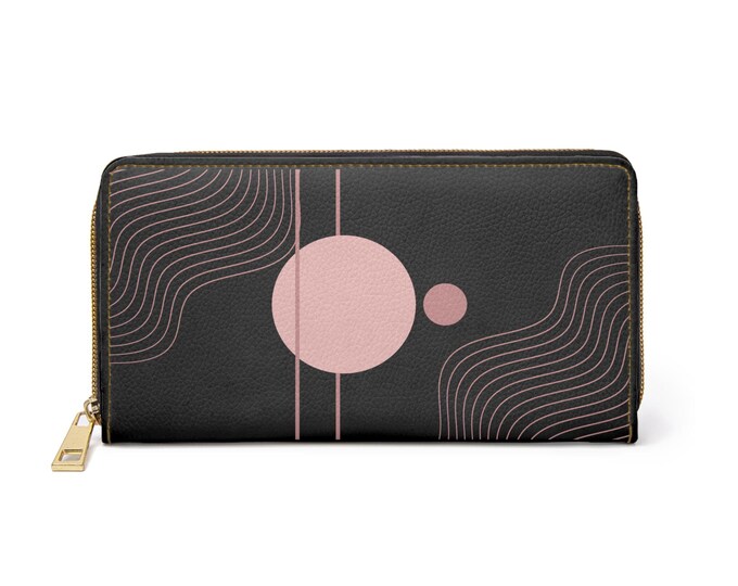 Pink and Black Geometric Circles Zipper Wallet | Modern Abstract Lines
