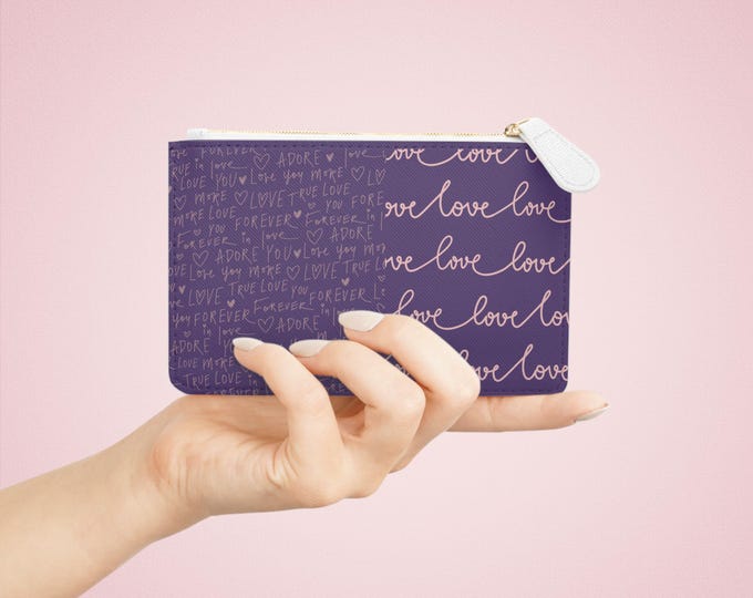 Purple Love Script Pattern Mini Clutch Bag | Handwritten Love Print