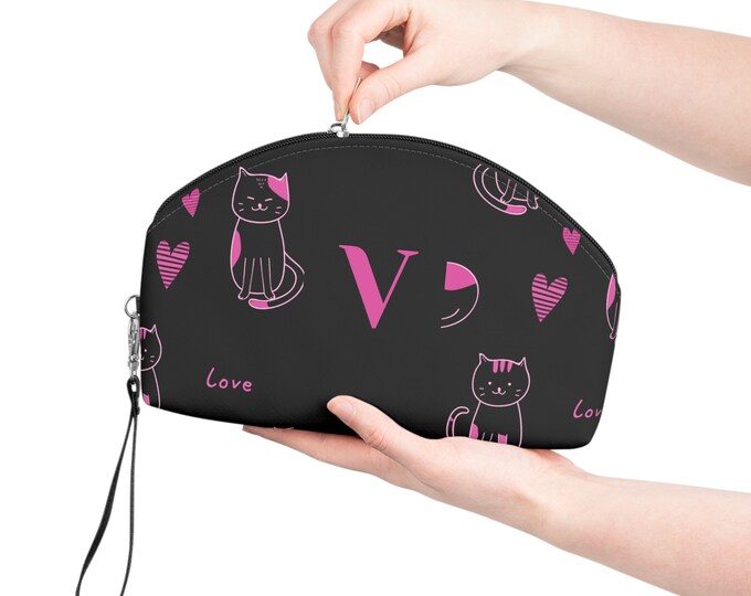 Pink Love Cats Black Makeup Bag, Accessory Bag, Personalized Cosmetic Bag, Women's Bag, Initial V