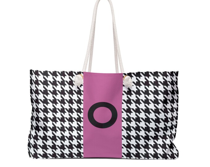 Houndstooth Black, White and Pink, with Black O Initialized Detail Womens Weekender Tote Bag, Personalized Bag, Initialized Handbag