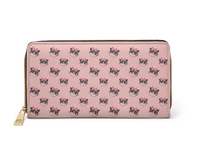Cute Cat Faces Zipper Wallet | Pink Patterned Kitty with Pink Bows