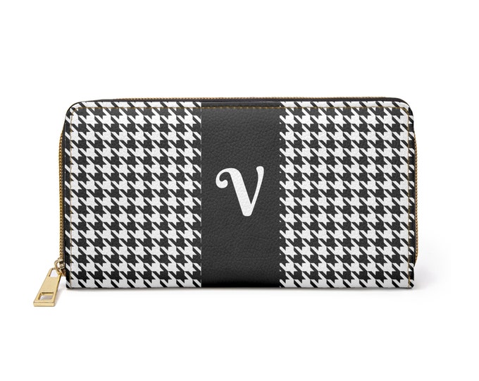 Houndstooth Black and White with White Initial V, Womens Zippered Wallet, Personalized Wallet, Womens Wallet