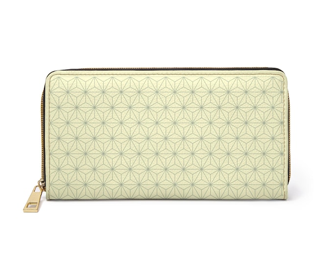 Geometric Asanoha Pattern Zipper Wallet | Cream and Sage Japanese Hemp Leaf Design