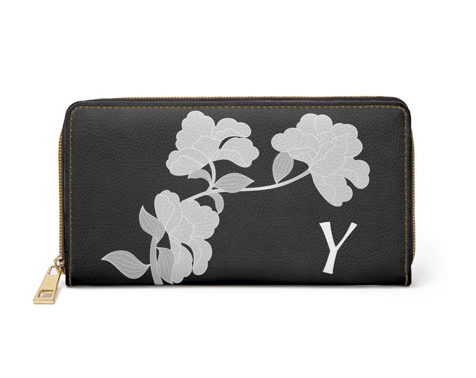 Black and White Womens Floral Wallet, Personalized with Initial Y, Zippered