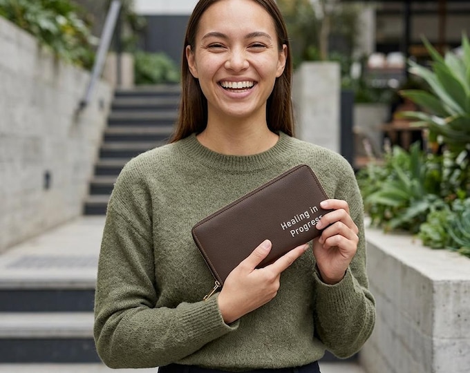 Healing in Progress Zipper Wallet | Brown Leather Look | Encouragement Phrase