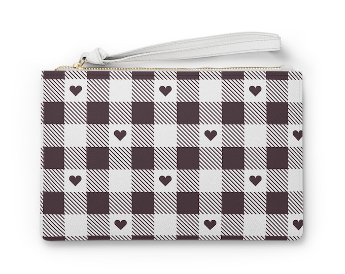 Heart Burgundy Check Clutch Bag | Plaid Wristlet, Valentine Pattern