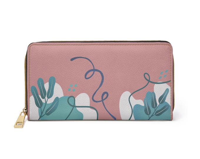 Indian Pink Abstract Floral Zipper Wallet | Botanical Line Art Wallet