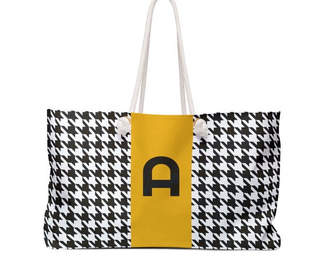 Houndstooth Black, White and Marigold, with Black A Initial Detail Womens Weekender Tote Bag, Personalized handbag