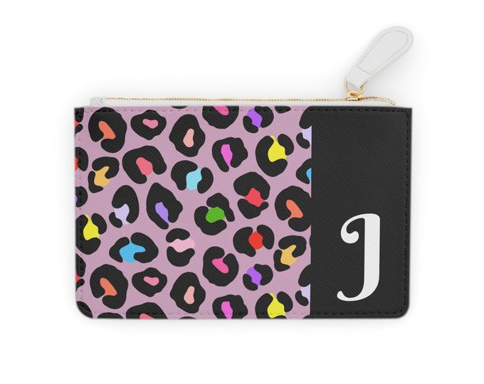 Rainbow Leopard Pattern Cardholder, Pink and Black with Initial J, Mini Clutch Bag